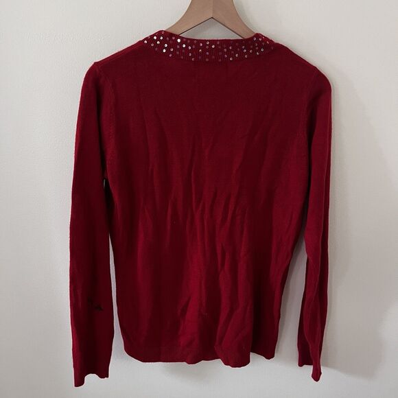 Womens Debbie Morgan Red Tight Knit Pullover Sequin V-Neck Sweater Size PXL - Picture 7 of 7